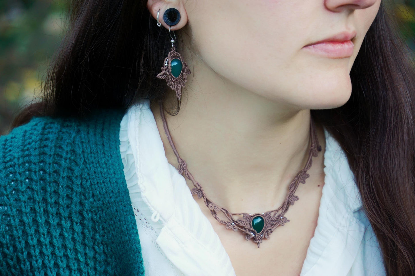 Boucles d'Oreilles Elfique en Micro-Macramé avec Aventurine - Coton & Astrance