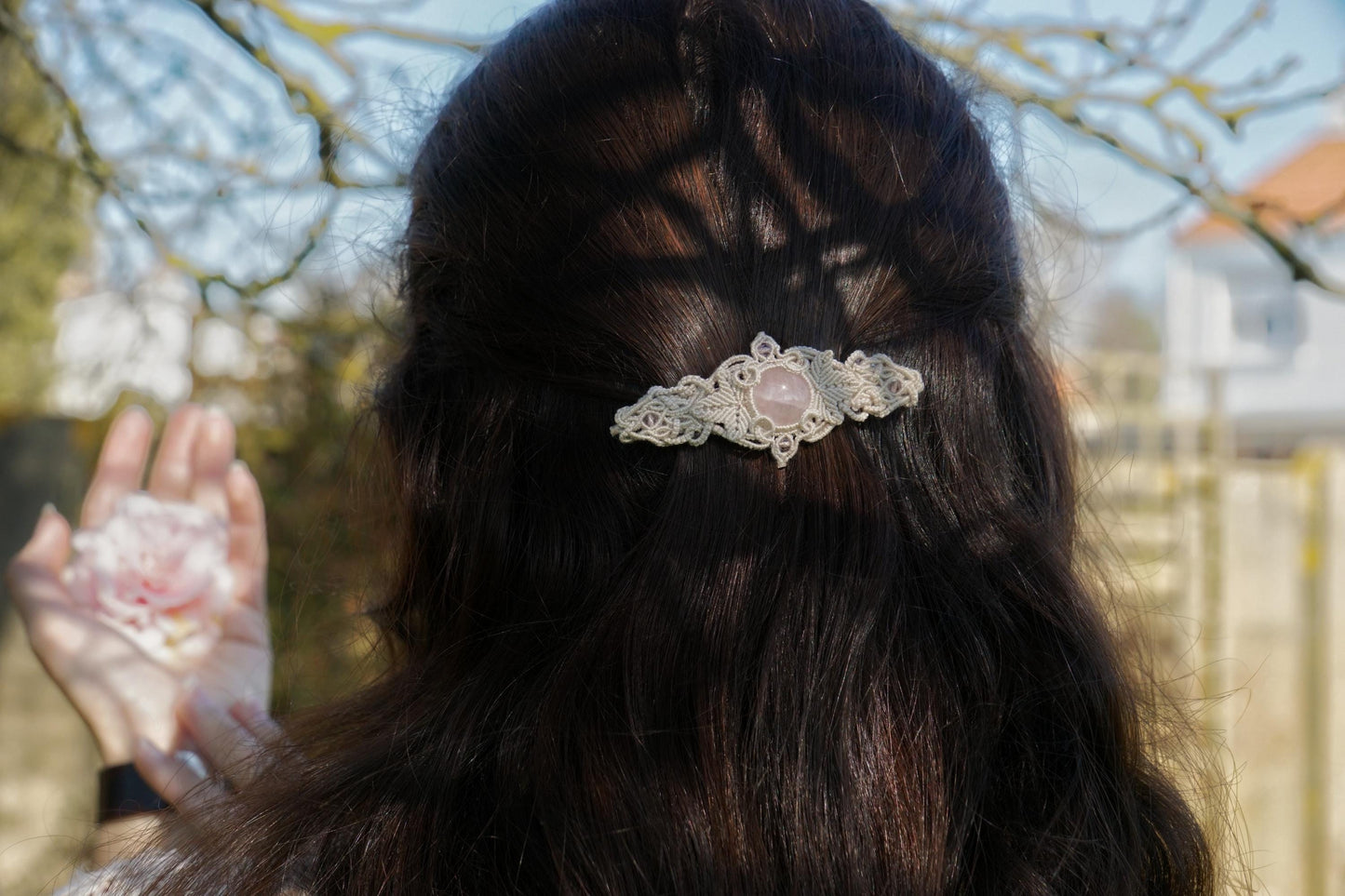 Barrette cheveux bohème en quartz rose – Bijou elfique fait main - Coton & Astrance