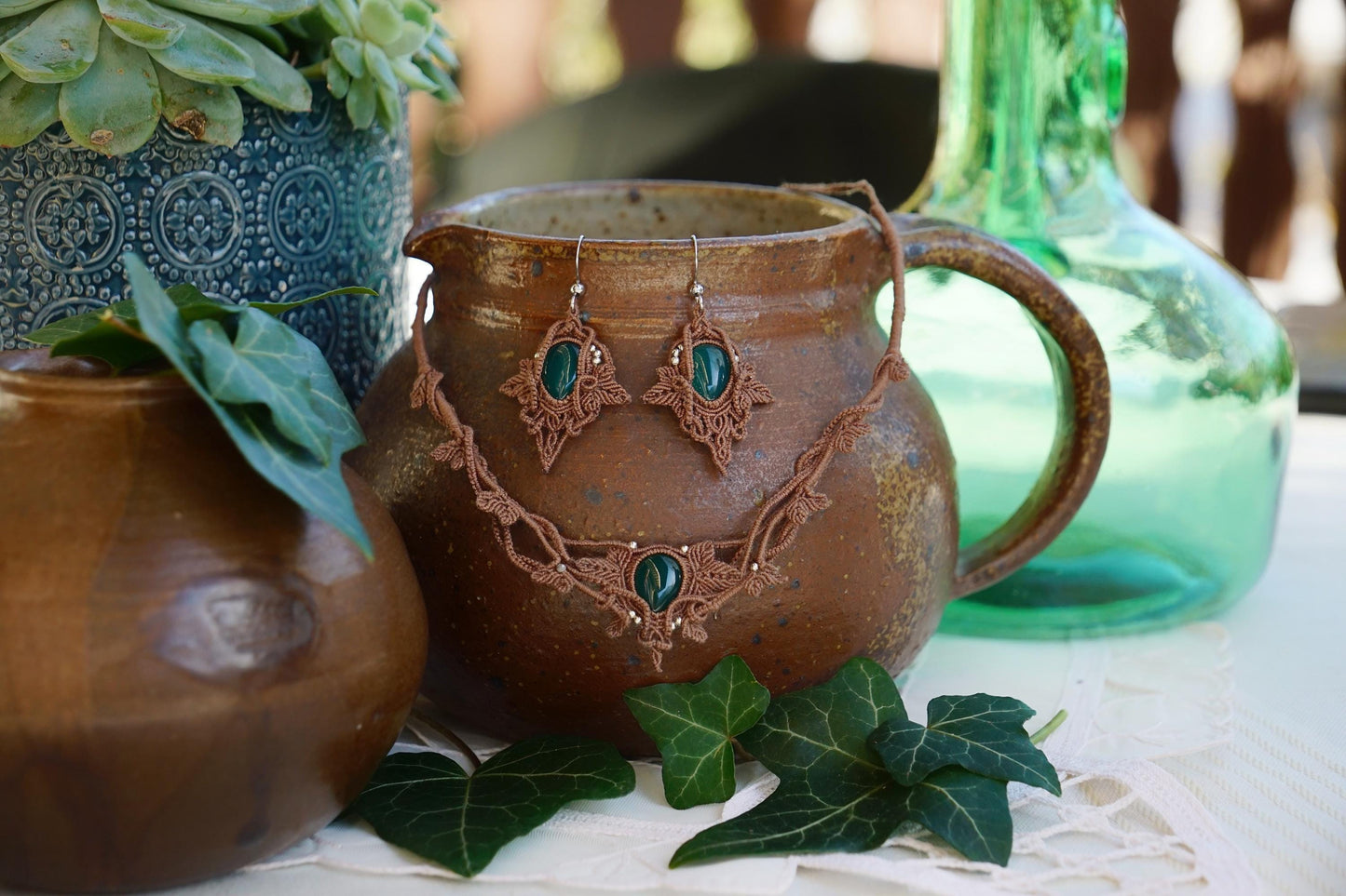 Boucles d'Oreilles Elfique en Micro-Macramé avec Aventurine - Coton & Astrance