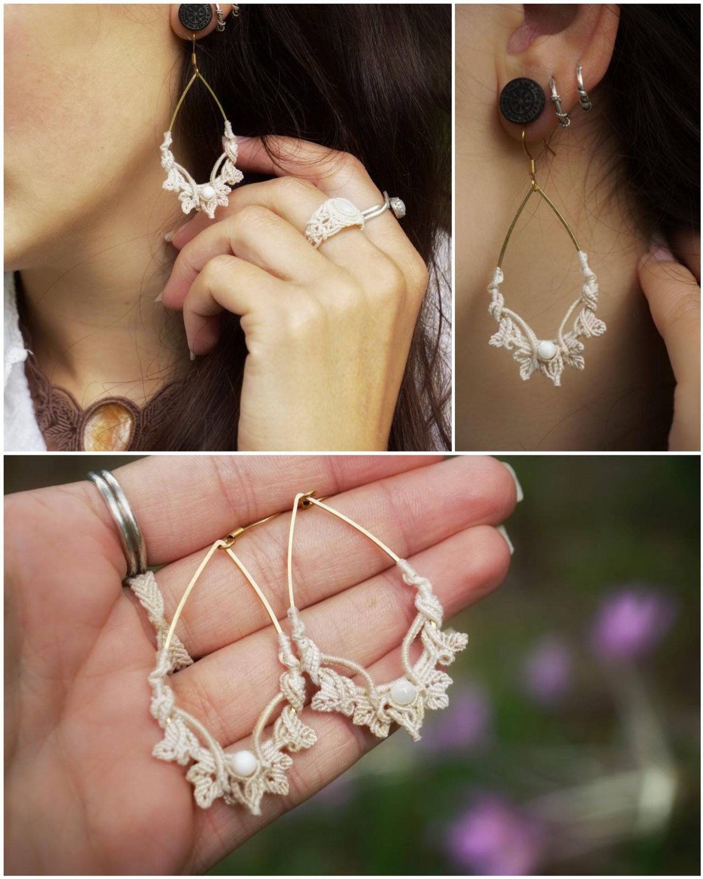Boucles d’Oreilles en Micro Macramé avec nacre - Coton & Astrance