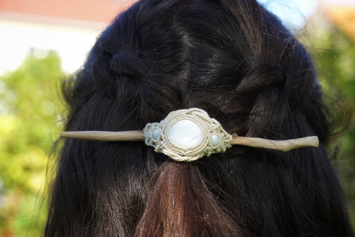 Barrette à Cheveux Macramé et Épingle à Cheveux en Bois de Frêne et Nacre - Coton & Astrance
