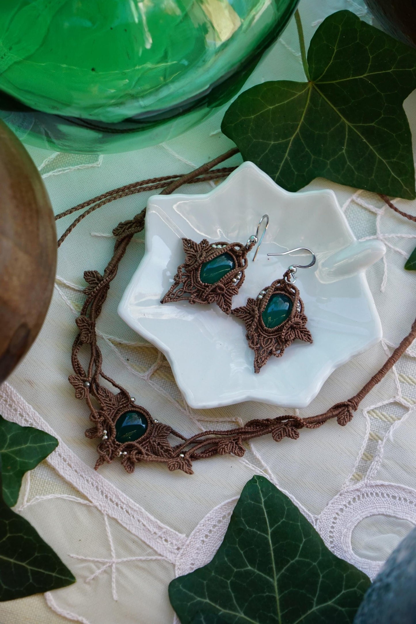 Boucles d'Oreilles Elfique en Micro-Macramé avec Aventurine - Coton & Astrance