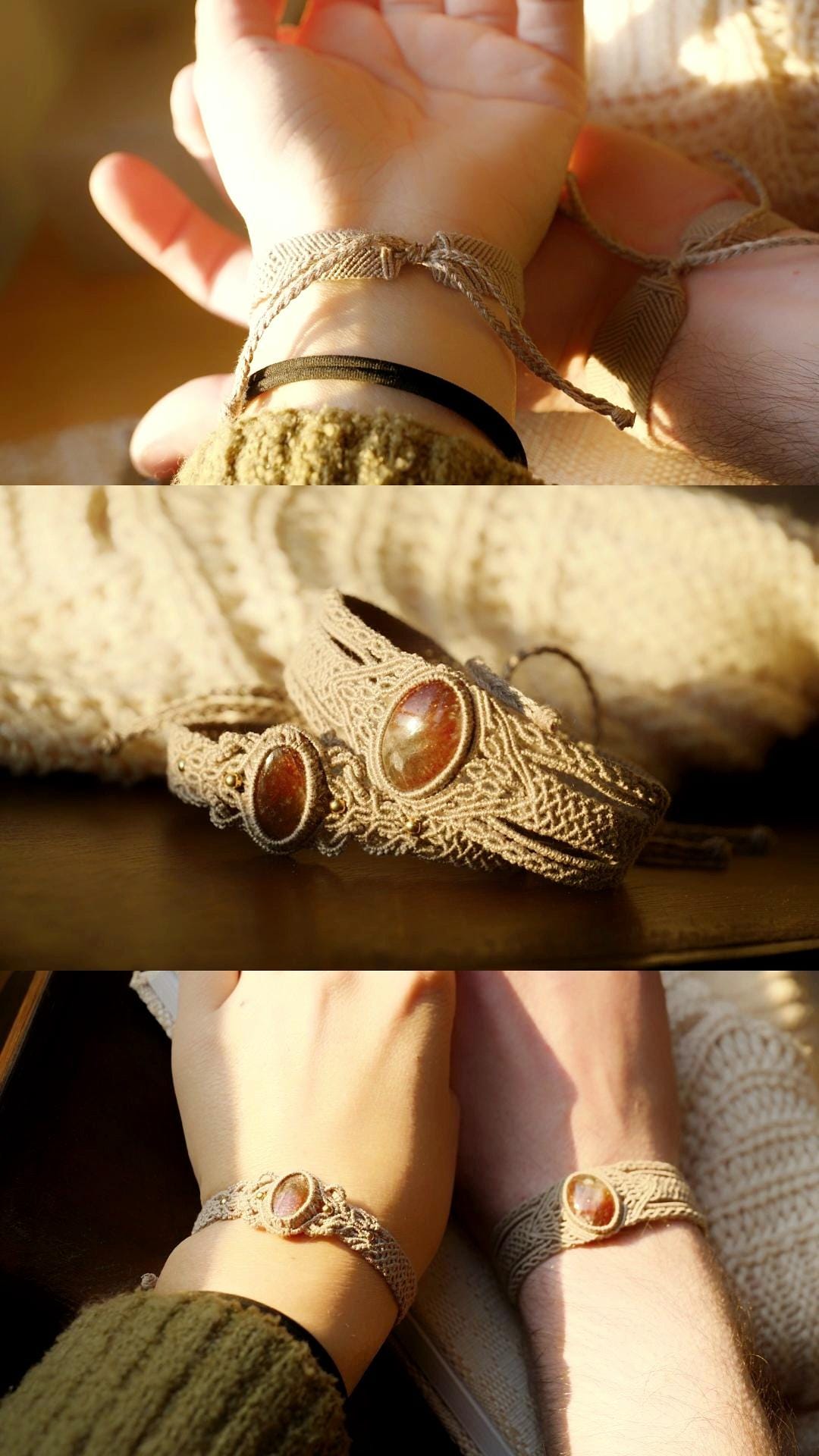 Bracelet manchette en micro macramé avec pierre de soleil de l’Oregon - Coton & Astrance