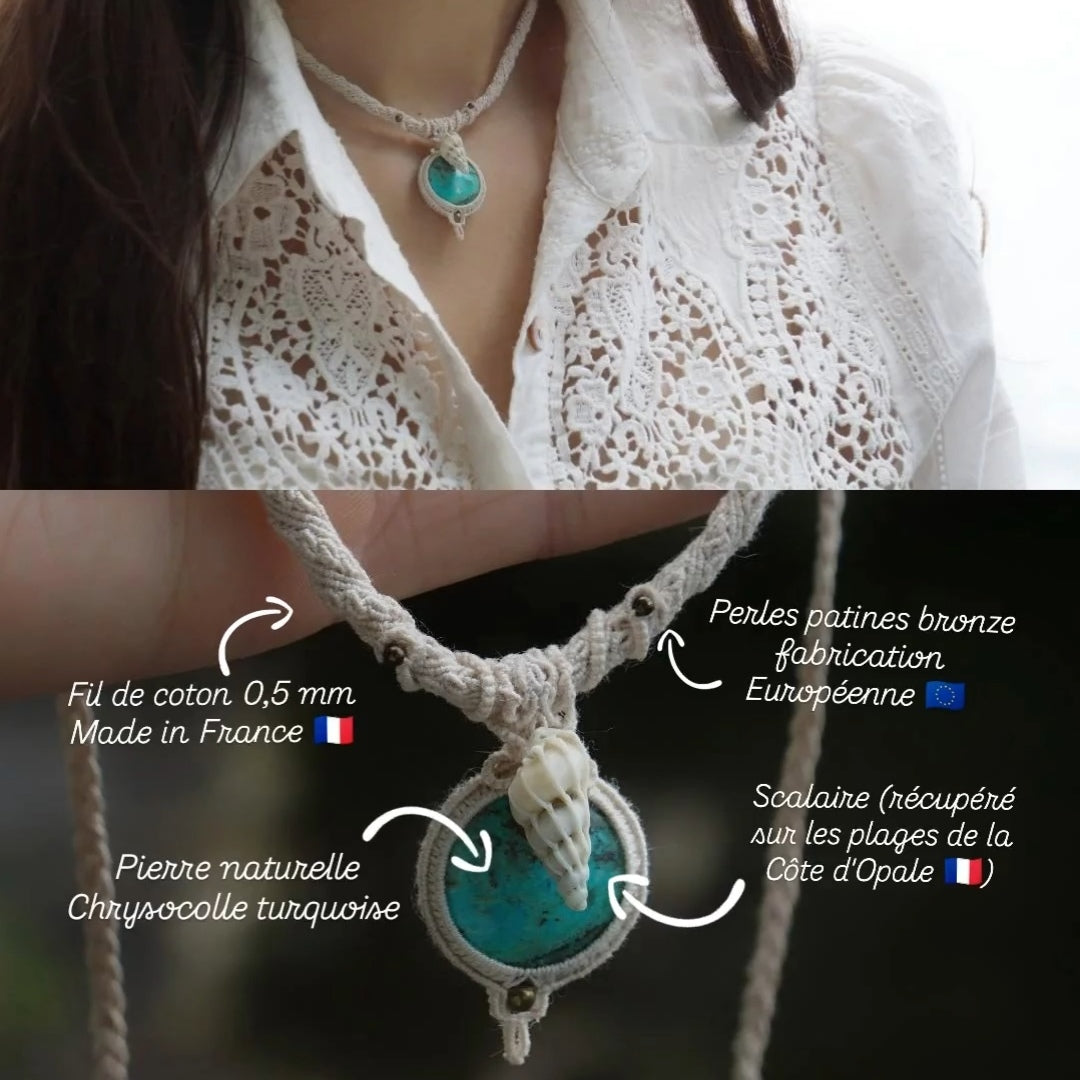 Collier ras de cou avec chrysocolle turquoise & coquillage - Coton & Astrance