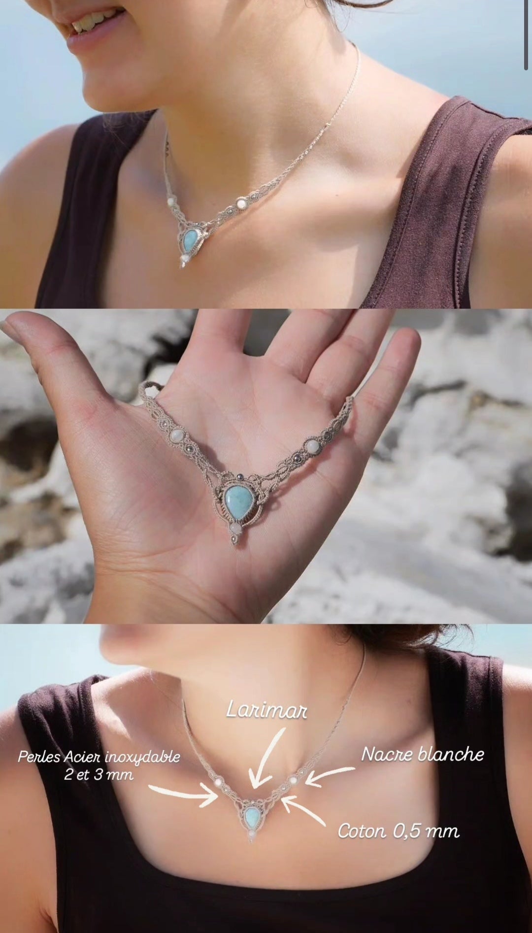 Collier ras-de-cou forme v Trésors d'Ecume composée d'une Larimar bleu ciel en poire pointe en bas, perles en nacre blanche ronde rappel des coquillages et de la plage, mini Perles rondes en acier inoxydable argenté pour le côté luxe et précieux. Fil de Coton couleur lin naturel (beige gris) de 0, 5 mm tissé en micro-macramé en relief version celtique. Collage 3 photos : Bijoux posés et porté sur une femme bronzée et brune, et descriptif de composition visuel avec flèche. Photo ambiance tropiques et plages