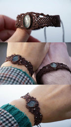 Bracelet homme manchette en micromacramé – Pierre de Soleil de l'Oregon Verte – Bijou elfique, celtique, ajustable, Bijou de couple - Coton & Astrance