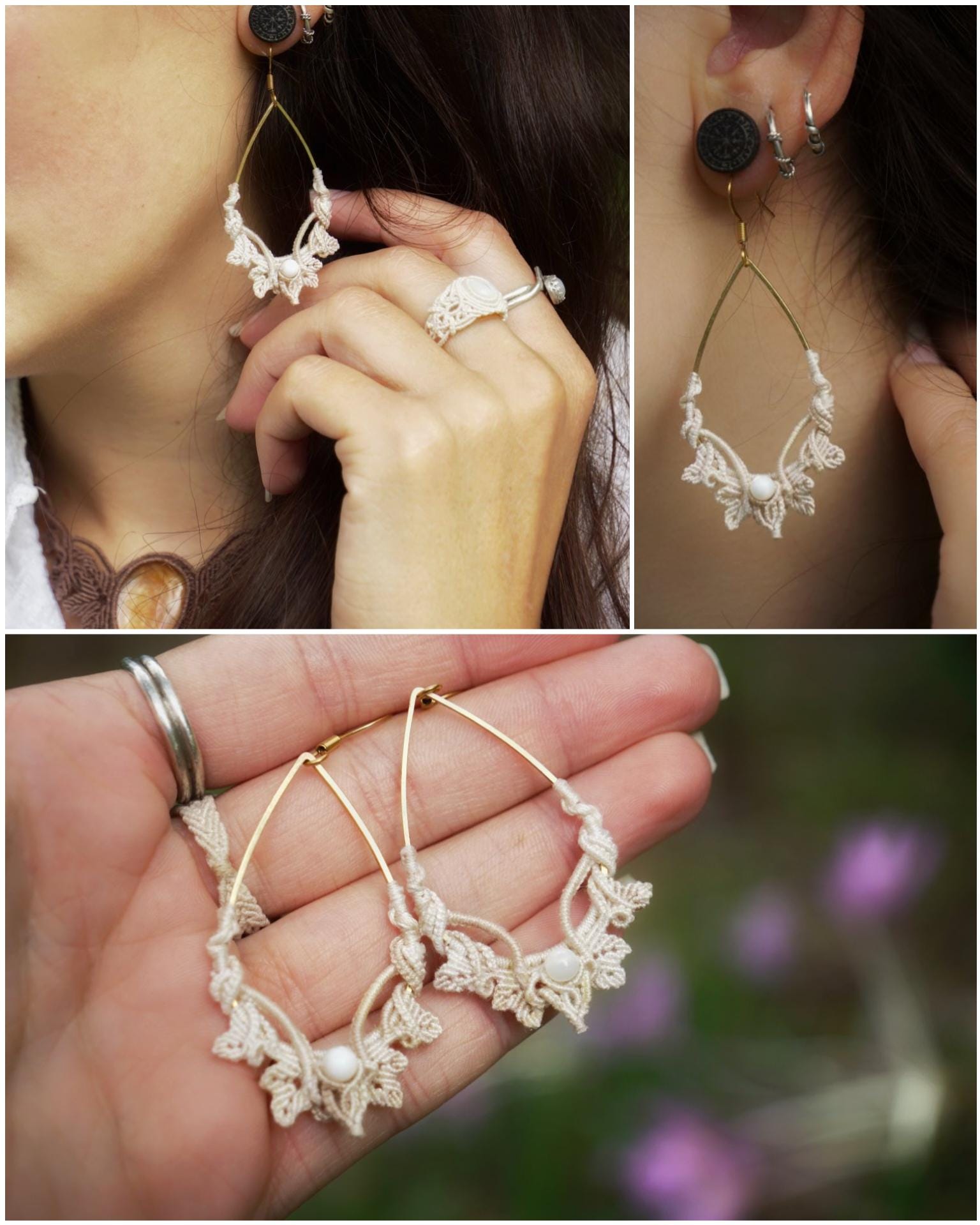 Boucles d’Oreilles en Micro Macramé avec nacre - Coton & Astrance