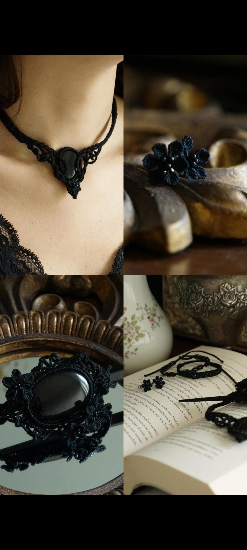 Bracelet Fin Gothique en Micro macramé Noir avec Perles d’Agate - Coton & Astrance