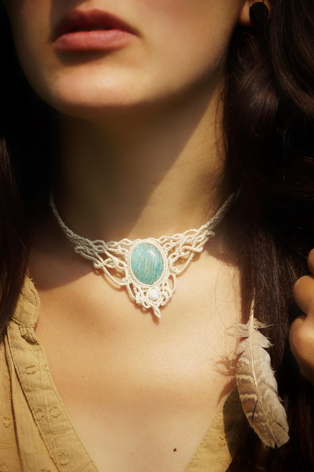 Collier en Micro Macramé avec Amazonite Turquoise et Perles de Nacre - Coton & Astrance