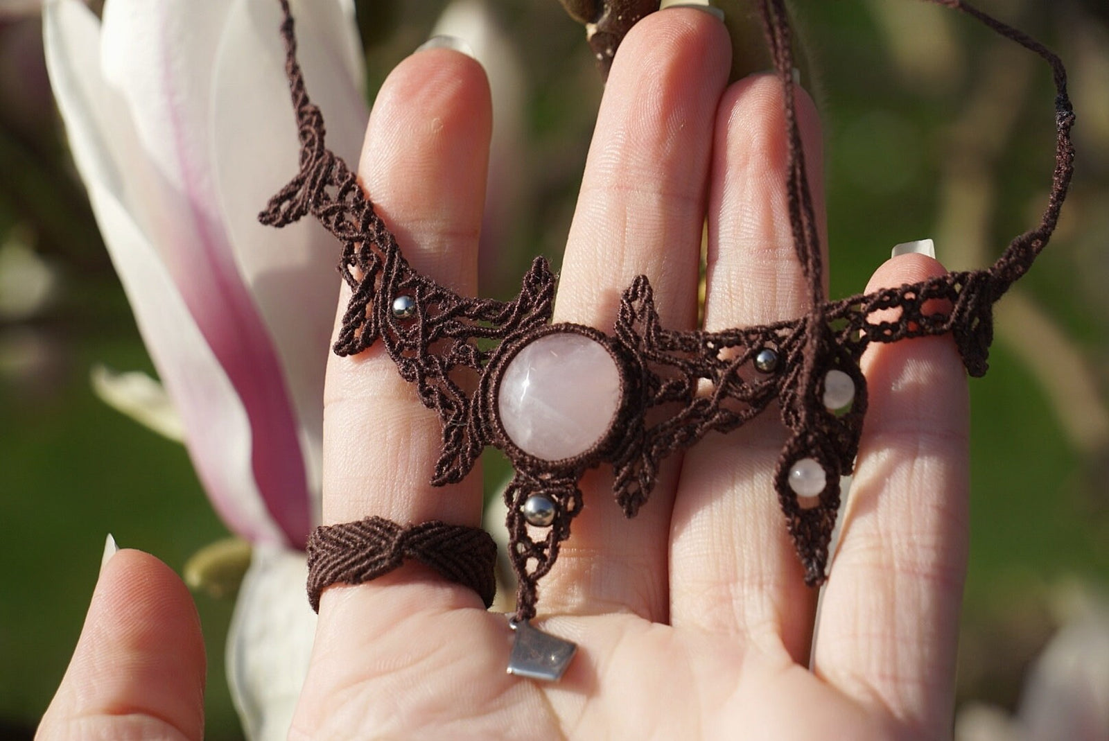 Collier Ras-de-cou Bohème - Quartz Rose - Coton & Astrance