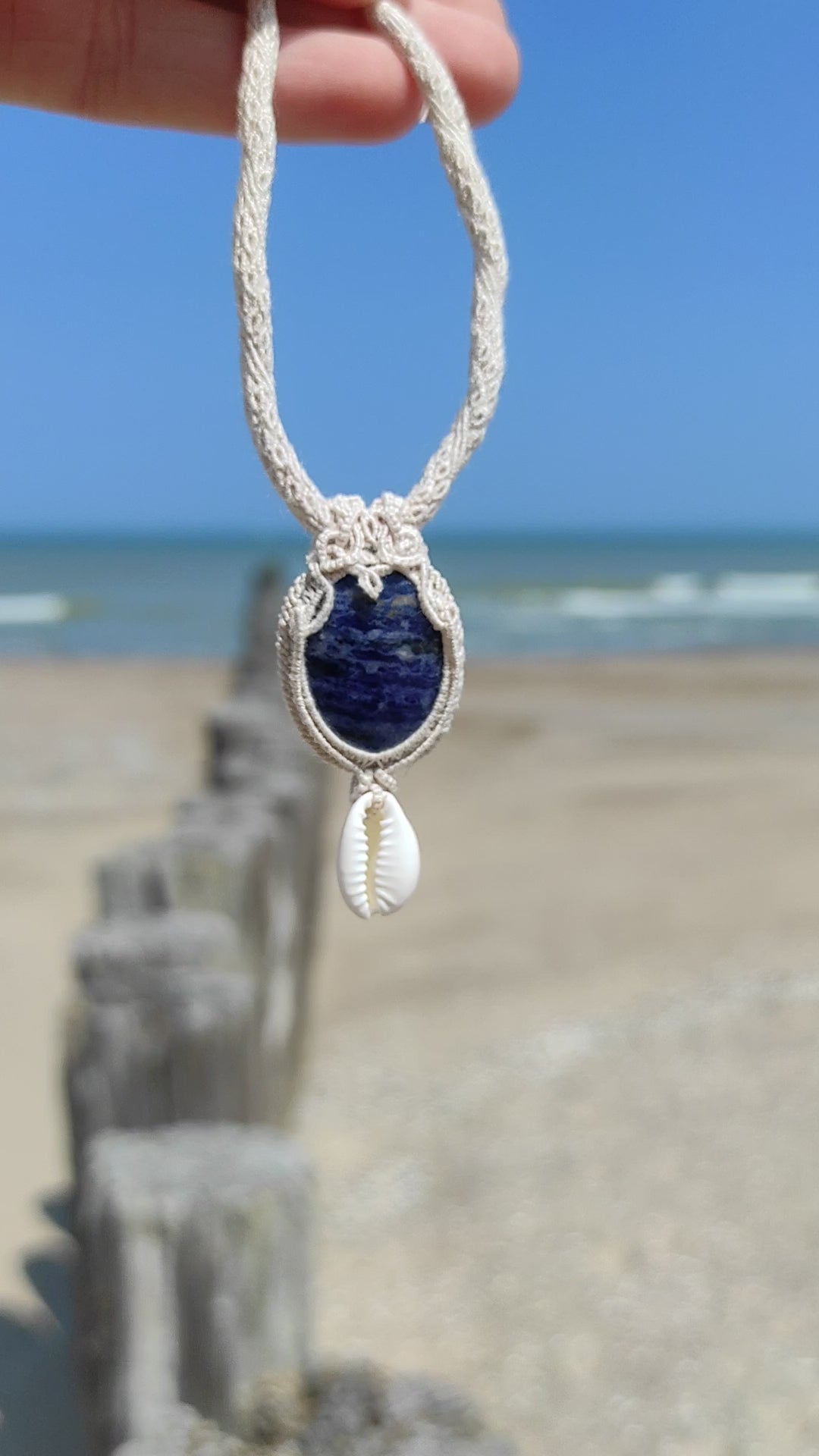 Unisex blue sodalite &amp; cowrie micro macrame necklace – bohemian summer