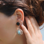 Boucles d'oreilles Trésors d'Ecume composée d'une Larimar bleu ciel ovales, mini Perles rondes en acier inoxydable argenté pour le côté luxe et précieux. Dormeuses en acier inoxydable pour un port assuré. Fil de Coton couleur lin naturel (beige gris) de 0, 5 mm tissé en micro-macramé en relief version celtique. Collage 3 photos : Bijoux posés et porté sur une femme bronzée et brune, et descriptif de composition visuel avec flèche 