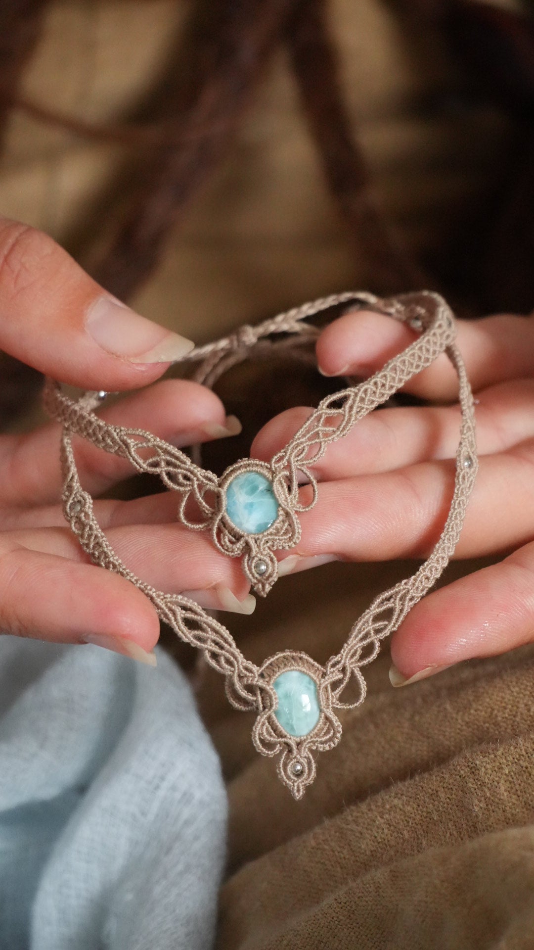 2 Chevillères larimar en micro macramé – bracelets de cheville fait main