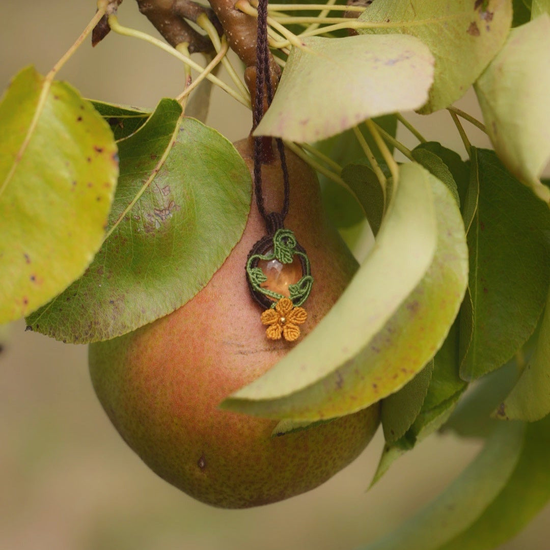 Bijou elfique en micro macramé avec citrine jaune pâle et fleur orange dorée, de la collection Clairière de Miel. Collier lumineux et poétique, photographié sur une poire mûre, symbole de nature et d’abondance