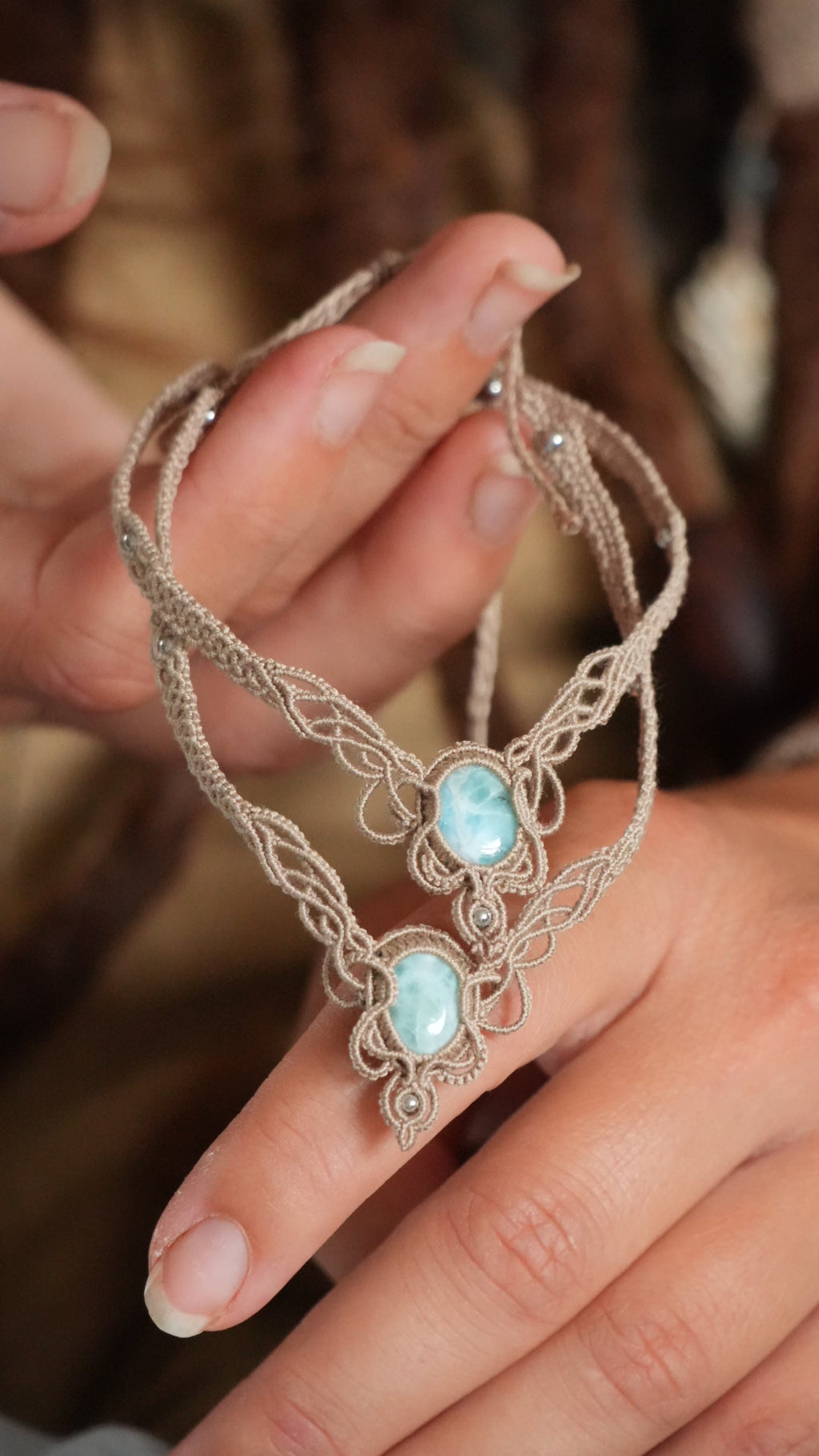 2 Chevillères larimar en micro macramé – bracelets de cheville fait main