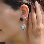 Parure Trésors d'Ecume composée d'une paire de boucles d'oreilles pendentes avec collier ras de cou assorti. Larimar bleu ciel ovales pour les boucles et en poire pointe en bas pour le collier. 3 Perles en nacre blanche pour le collier. Perles acier inoxydable argenté pour les deux pour le côté luxe et précieux. Dormeuses en acier inoxydable pour un port assuré. Fil de Coton couleur lin naturel (beige gris) de 0, 5 mm tissé en micro-macramé en relief version celtique. Bijoux porté femme brune peau caramel 